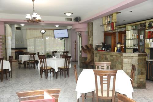 a restaurant with tables and chairs and a bar at Hotel Villa Kabashi in Korçë