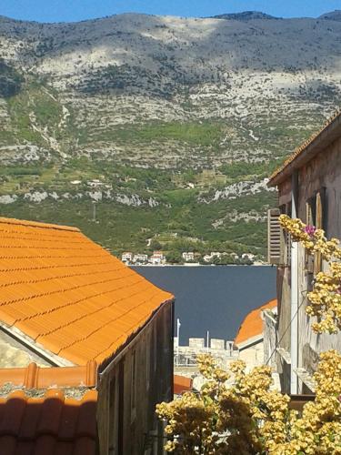 an orange roofed building with a view of a mountain at Apartments Milion in Korčula