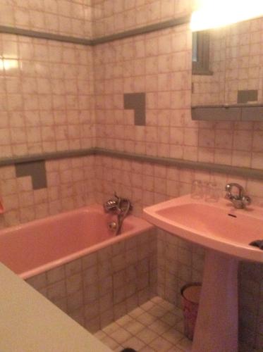 uma casa de banho com um lavatório e uma banheira e um lavatório em Chez Uli em Angresse
