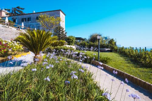 a garden with purple flowers on a sidewalk at Suite Lia - Private Room with garden and tub close to Villa Eva e Cimbrone, Ravello in Ravello