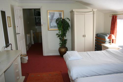 ein Schlafzimmer mit einem Bett und einer Pflanze darin in der Unterkunft Hartland Apartments - near Cliffs Pavilion in Southend-on-Sea