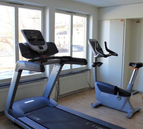 a gym with two exercise bikes and a treadmill at Rosersbergs Slottshotell in Rosersberg