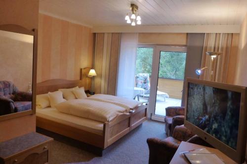 a hotel room with a bed and a television at Waldgasthof Lorchenmühle UG in Wallenfels