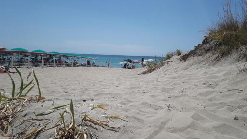 a sandy beach with umbrellas and the ocean at Giardino dei Baroni house in Marina di Mancaversa