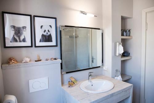 uma casa de banho com um lavatório e duas fotografias de cães em Casa dello Speziale em bedizzole