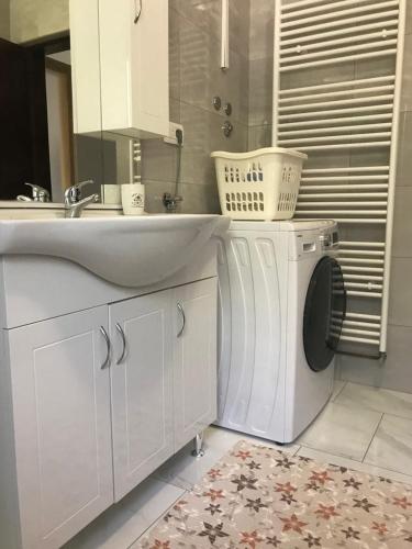 a bathroom with a sink and a washing machine at Apartman Karlo in Otočac