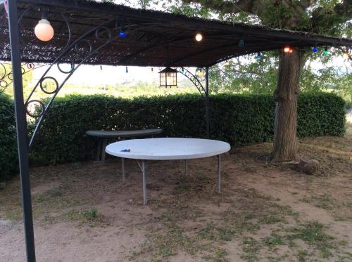 a white table under a canopy with a tree at La Caseta Vella in Falset