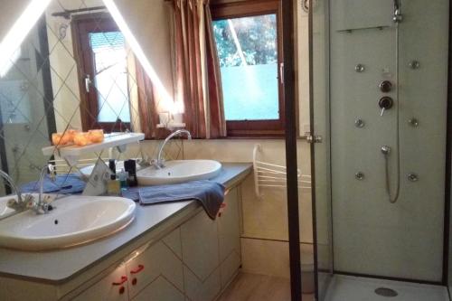 een badkamer met 2 wastafels en een douche bij Chalet Siësta is rust & natuur in Durbuy - Barvaux-sur-Ourthe in Durbuy