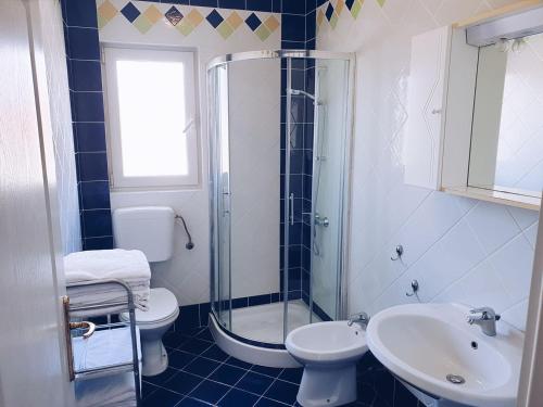 a bathroom with a shower and a toilet and a sink at Villa Dubravka in Lopar