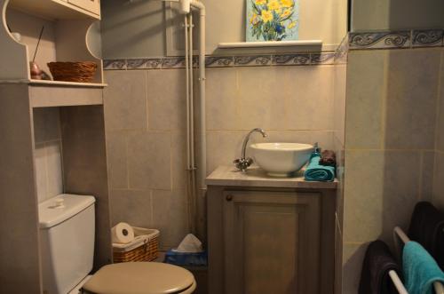 a small bathroom with a sink and a toilet at Auberge du Pont d'Ouche in Thorey-sur-Ouche