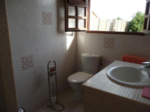 La salle de bains est pourvue de toilettes et d'un lavabo. dans l'établissement BUNGALOW DU VOYAGEUR, au Marin
