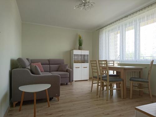 a living room with a couch and a table at Apartament BRYZA in Darłowo