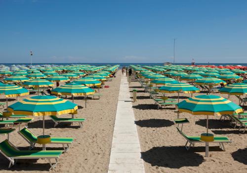 a row of beach chairs and umbrellas on the beach at Hotel Bellevue in Rimini