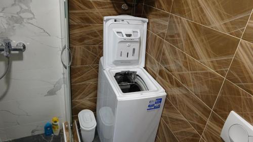 a trash can in a bathroom next to a toilet at Apartment Kraljica Jelena in Virpazar