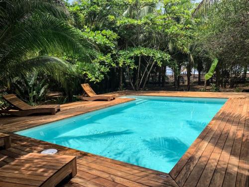 a large swimming pool with a wooden deck and chairs at Hotel Descalzo in Zipolite