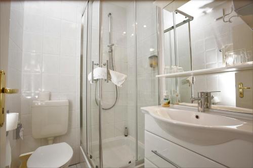 een badkamer met een douche, een toilet en een wastafel bij Gästehaus Am Vogelsang in Kerpen