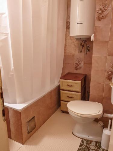 a bathroom with a toilet and a tub with a shower curtain at Old Town Point in Budva