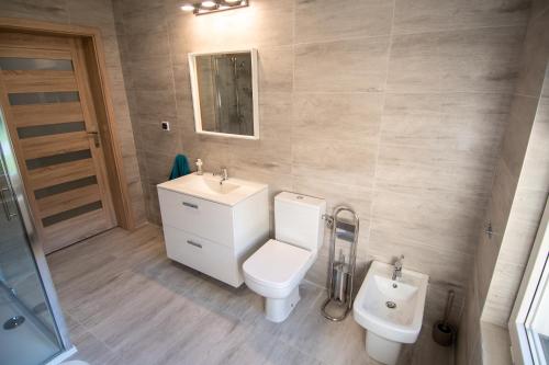 a bathroom with a toilet and a sink at Apartamenty Podwarszawskie in Stara Wieś