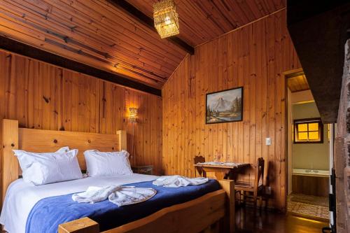 a bedroom with a bed in a wooden room at Pousada Bem-te-vi in Monte Verde