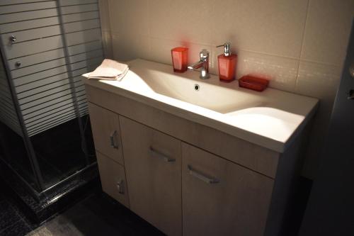 a bathroom with a sink and a shower at Katzen Room by the Metro in Athens