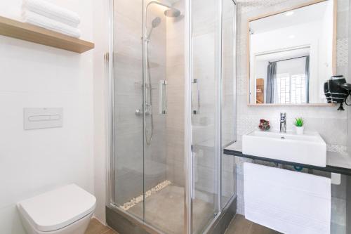 ein Bad mit einer Dusche, einem WC und einem Waschbecken in der Unterkunft Romar Montesa 3 in Málaga