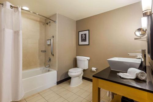 a bathroom with a toilet and a tub and a sink at Cambria Hotel Ft Collins in Fort Collins