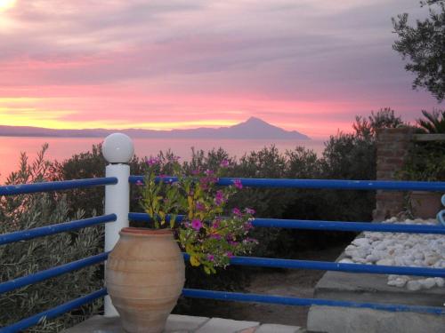 a vase with flowers on a fence with a sunset at Assa Inn in Pyrgadikia