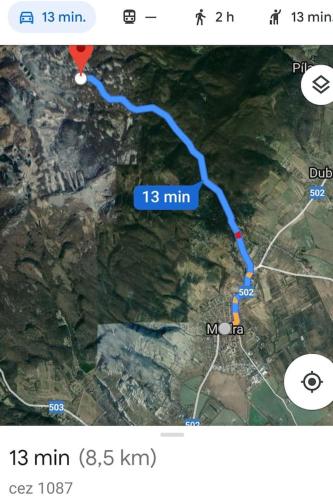 a screenshot of a map of a road at Slovak cottage near Bratislava in the heart of the Carpathians in Modra