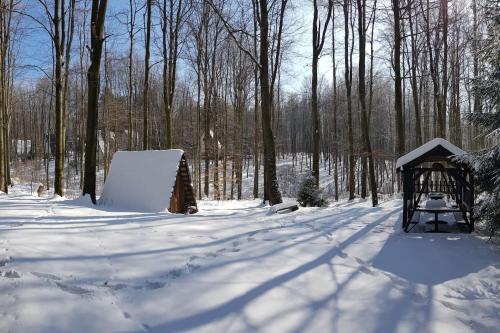 a snow covered yard with a gazebo and trees at Slovak cottage near Bratislava in the heart of the Carpathians in Modra