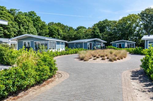 a driveway leading to a row of blue houses at EuroParcs Noordwijkse Duinen in Noordwijk aan Zee