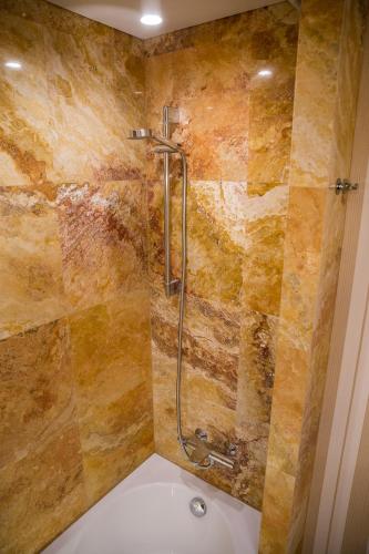a bathroom with a shower with a tub at Antakalnis 5 stars apartment in Vilnius