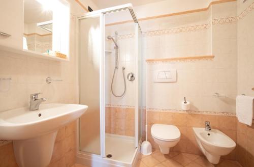 a bathroom with a shower and a sink and a toilet at Hotel Siror in Fiera di Primiero