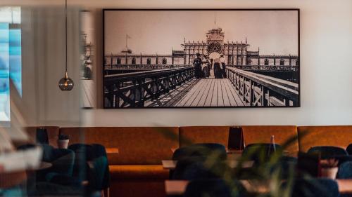 a black and white picture of a bridge at Home Hotel Fregatten in Varberg