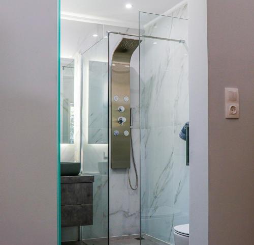 W łazience znajduje się prysznic ze szklanymi drzwiami. w obiekcie Terpsis Lodge w Heraklionie