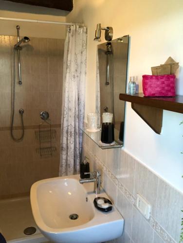 a bathroom with a sink and a shower at Appartamento del cuore in Pitigliano