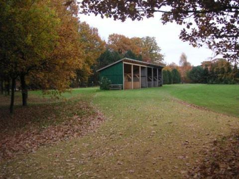 ein grünes Gebäude mitten auf einem Feld in der Unterkunft Golfhotel Blaue Ente in Warendorf