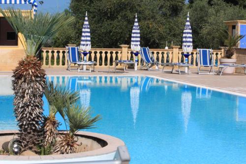 una piscina con palmeras y sillas azules y blancas en Appartamenti Vacanze Minervino, en Vieste