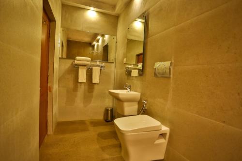 a bathroom with a toilet and a sink and a mirror at La Montana by TGI in Ooty