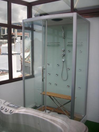 a shower with a glass enclosure in a bathroom at Posada La Plaza in Canillas de Albaida
