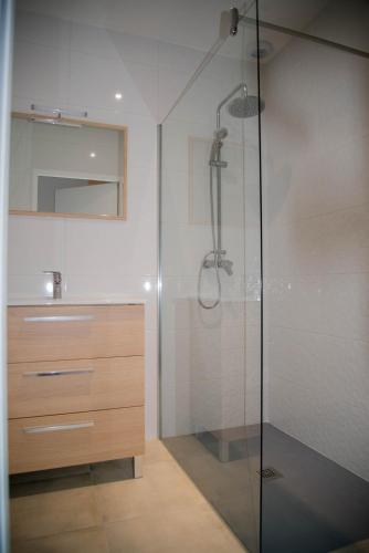 une salle de bain avec une douche en verre et un lavabo dans l'établissement Les Terrasses de Bella Vista - Belle maison bord de mer, à Saint-Vincent-sur-Jard