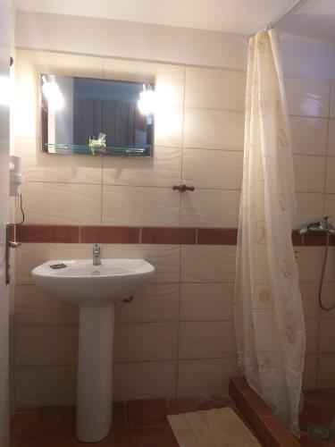 a bathroom with a sink and a mirror at Agyra Studios in Vasilika