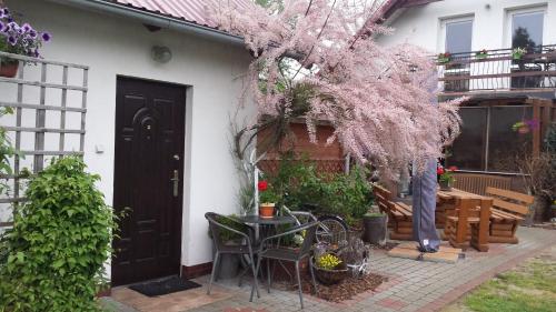 a front door of a house with a table and a tree at POKOJE GOŚCINNE RENATA KNITTER in Komnino