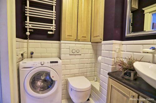 une petite salle de bains avec un lave-linge et un lavabo dans l'établissement Royal Warsaw Apartment, à Varsovie