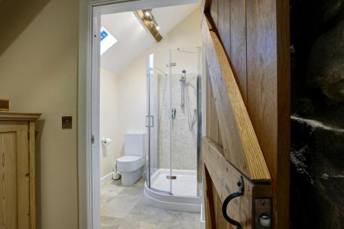 a bathroom with a shower and a toilet at The Hay Barn - Llyn Peninsula in Nefyn