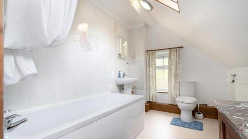 Un baño con bañera, inodoro y lavabo. en Maes Glas, en Mallwyd