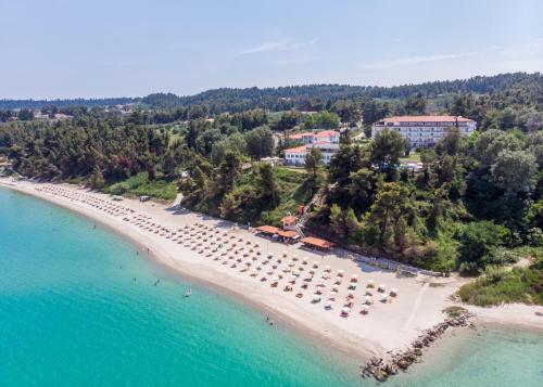 - une vue aérienne sur une plage dotée de chaises et de parasols dans l'établissement Alexander the Great Beach Hotel, à Kriopigi