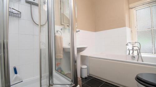 een badkamer met een douche, een toilet en een wastafel bij One Bron Derw in Dolwyddelan