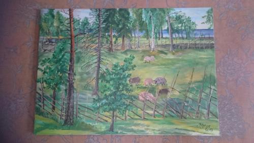 a painting of a forest with sheep in a field at Ranna Villa Farm in Küdema