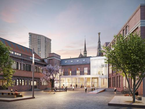 a rendering of a building with people sitting in a courtyard at Hotel Mariënhage in Eindhoven