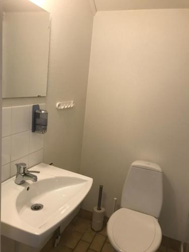 a bathroom with a white toilet and a sink at Klovabo Bed & Breakfast in Hönö